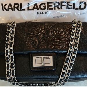 Karl Lagerfeld Black Flowers Embroidered Leather Bag